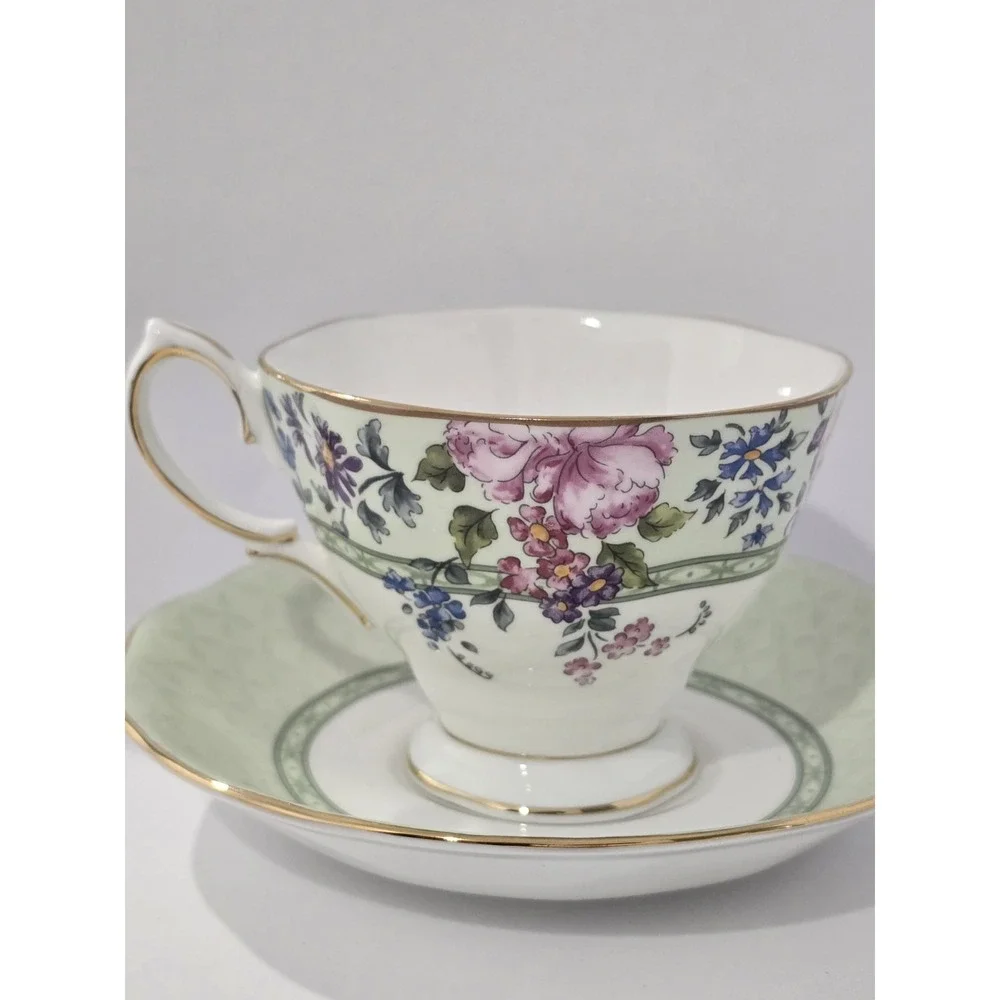Royal Albert Hampton Bone China Cup & Saucer Set Floral Green Gold Trim